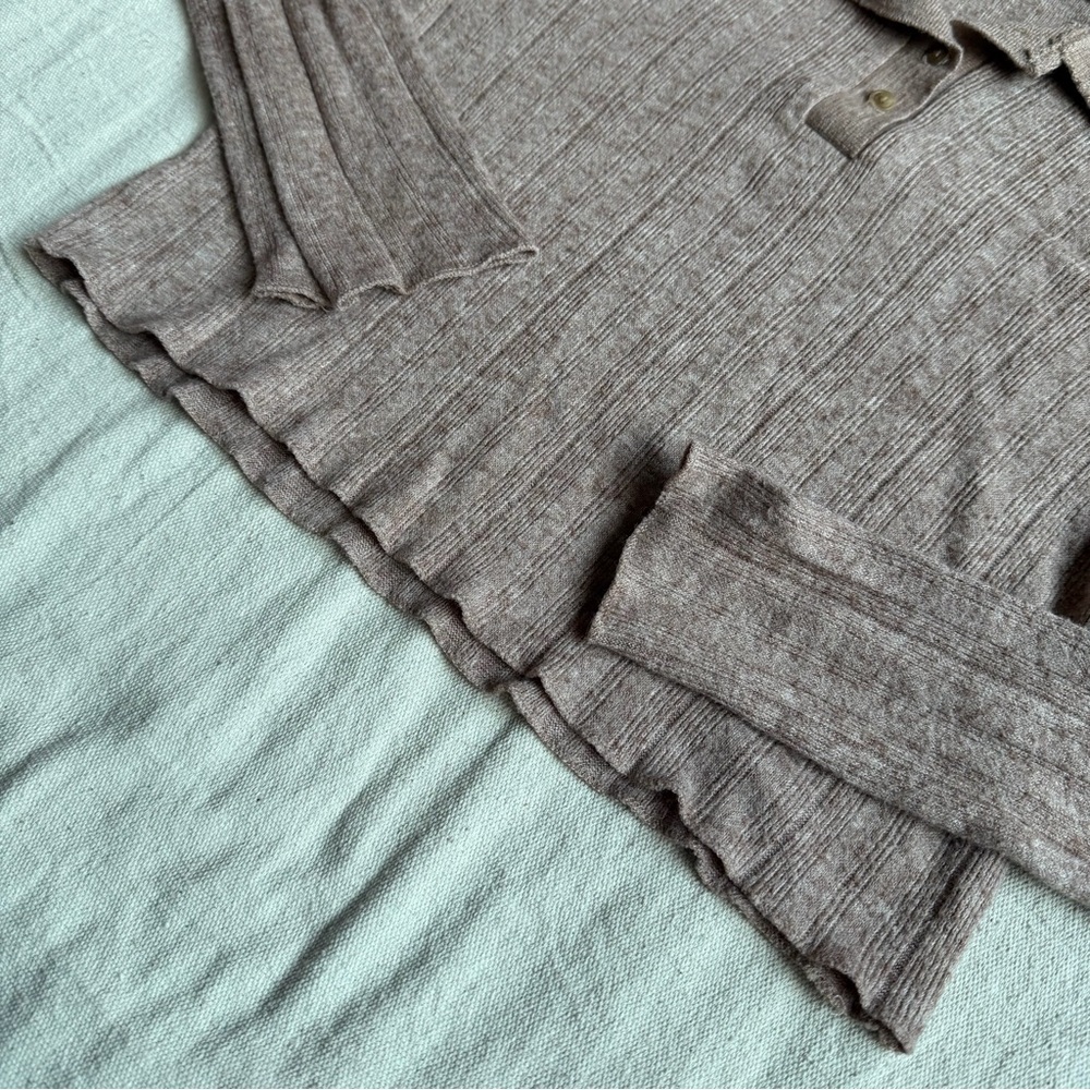 Zara Taupe Ribbed Long Sleeve Polo Top - Picture 4 of 9
